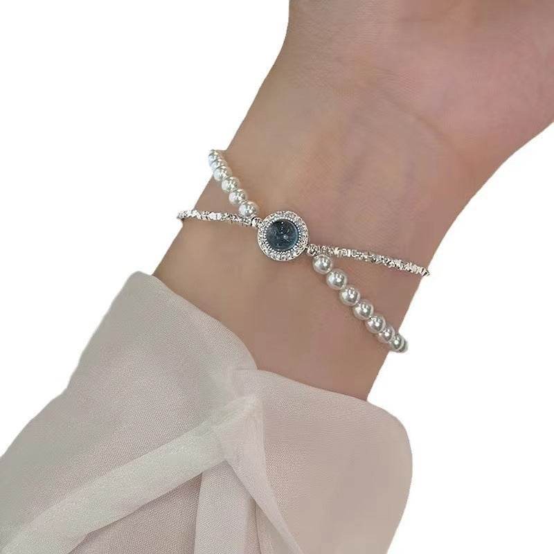Buycenter S925 Sterling Silver Aquamarine Pearl Bracelet for Women - Buy Center