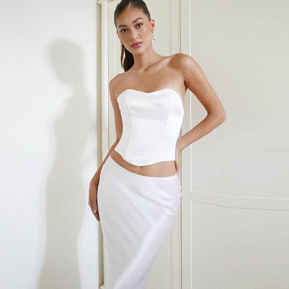 Buycenter Solid Color Lace-Up Bandeau Dress Suit - Sleek Mid-Length Style - Buy Center