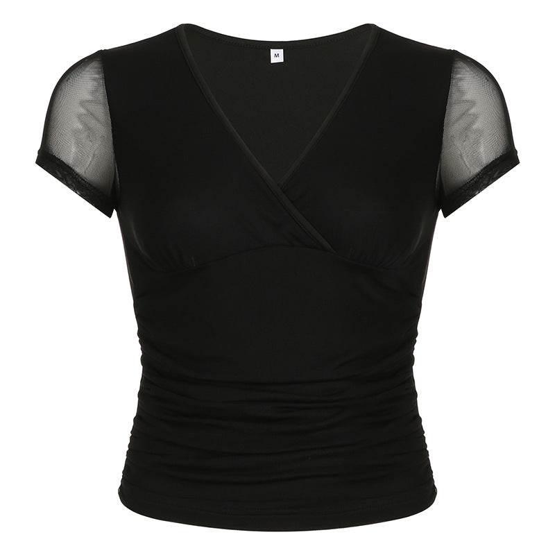 Buycenter Deep V Design Ladies Short Sleeve - Pleated Mesh Top, Black - Buy Center