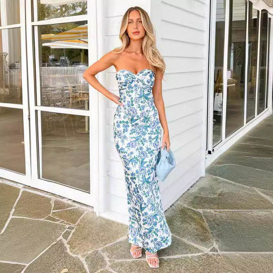 Buycenter Tube Top Backless Dress - Slim Fit Green & Yellow Print - Buy Center