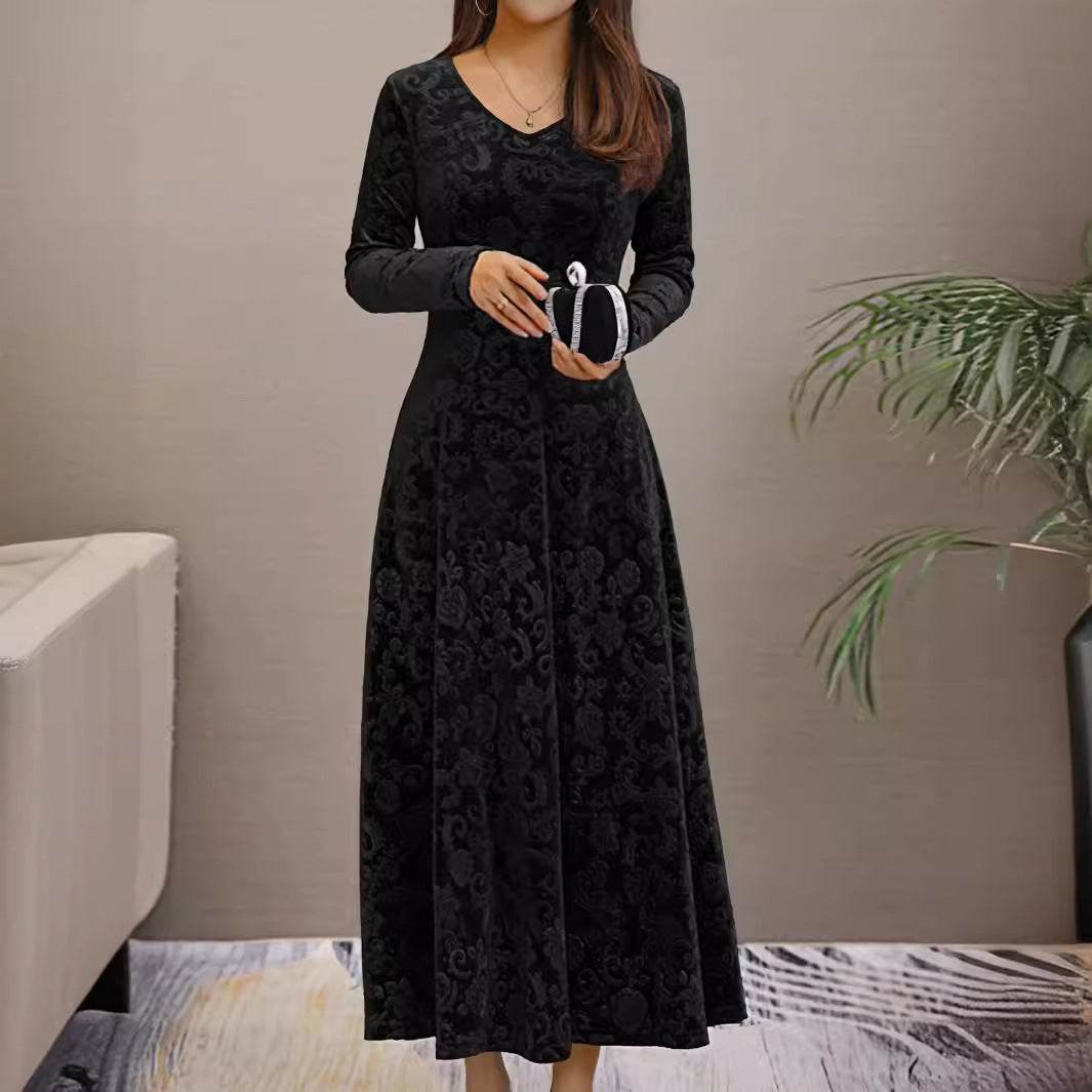 Buycenter Women's Mid-Length Velvet Dress - A-Line, Solid Colors Available - Buy Center