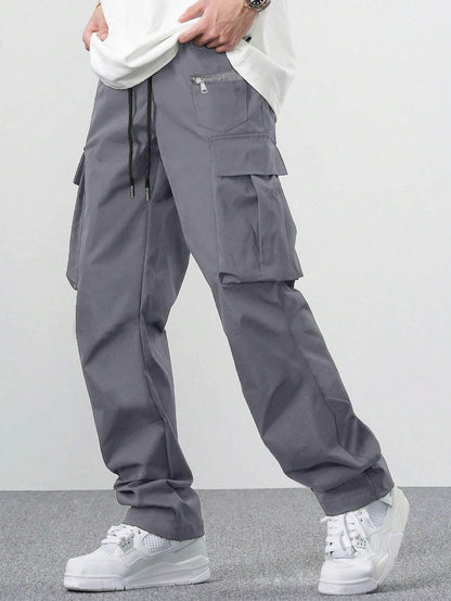 Casual Multi-Pocket Men's Overalls - Solid Color & Mid-Waist Style - Buy Center