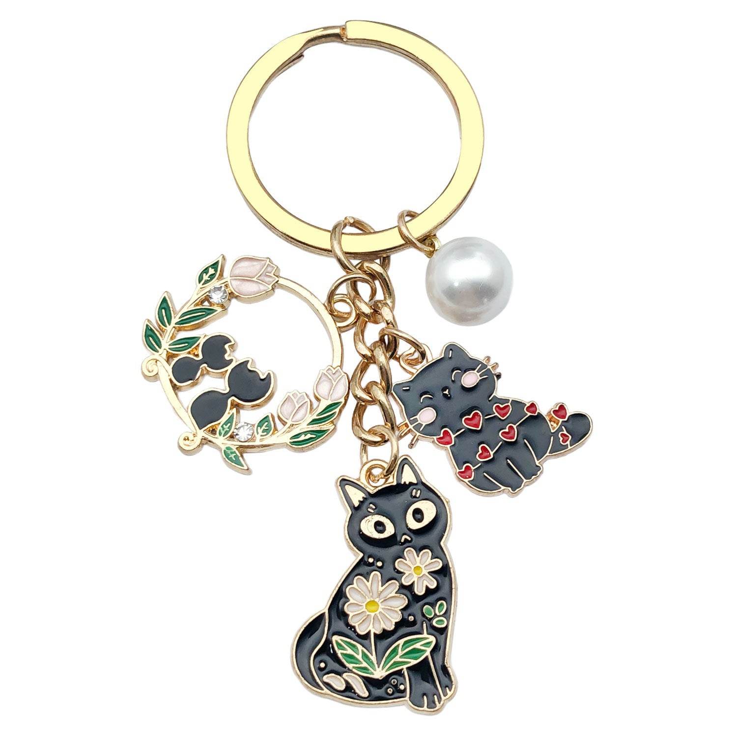 Cute Black Cat Wreath Pearl Keychain - Stylish Pendant for Cat Lovers - Buy Center