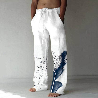 Men's Cotton Linen Printed Drawstring Trousers - Stylish Comfortable Fit - Buy Center