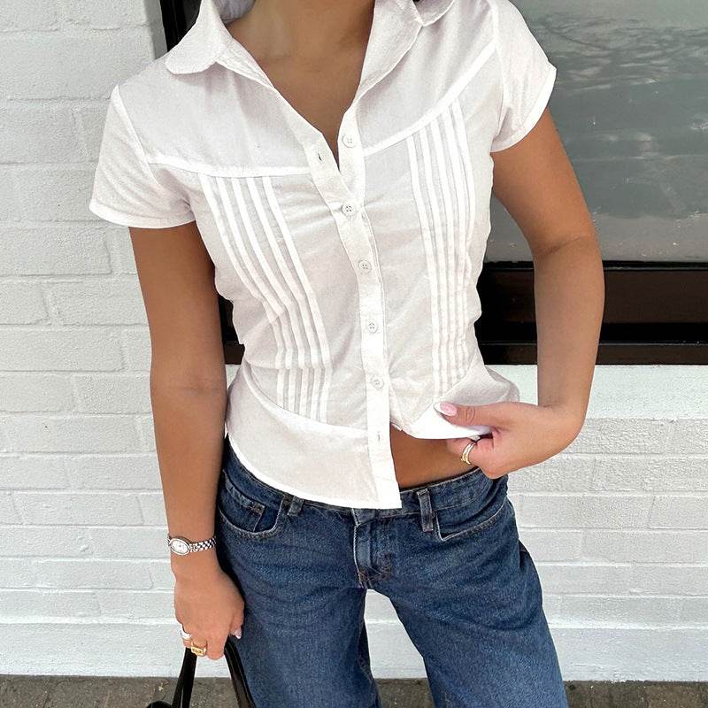 Buycenter Pleated Lapel Blouse - Short Sleeve Girls' Top in Pink & White - Buy Center
