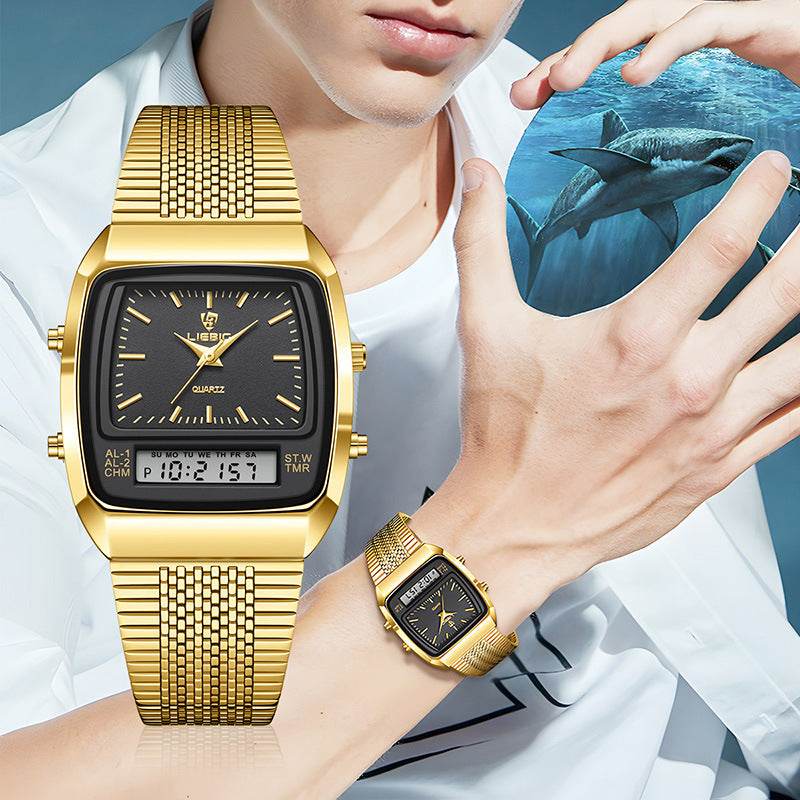 Buycenter Waterproof Mesh Belt Quartz Watch - Double Display, Stylish Gold - Buy Center