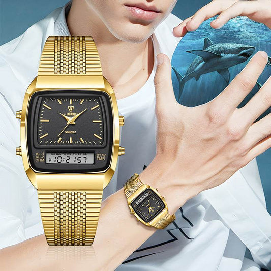 Buycenter Waterproof Mesh Belt Quartz Watch - Double Display, Stylish Gold - Buy Center