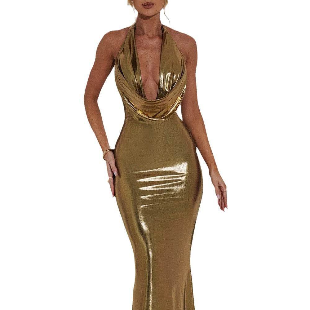 Gold Tight Sequins Swing Halter Dress - Trendy Long Skirt for Parties - Buy Center