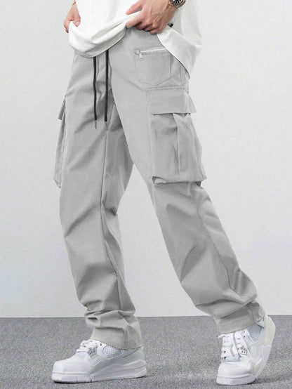 Casual Multi-Pocket Men's Overalls - Solid Color & Mid-Waist Style - Buy Center