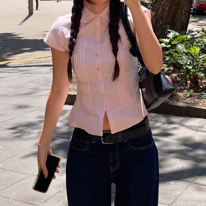 Buycenter Pleated Lapel Blouse - Short Sleeve Girls' Top in Pink & White - Buy Center