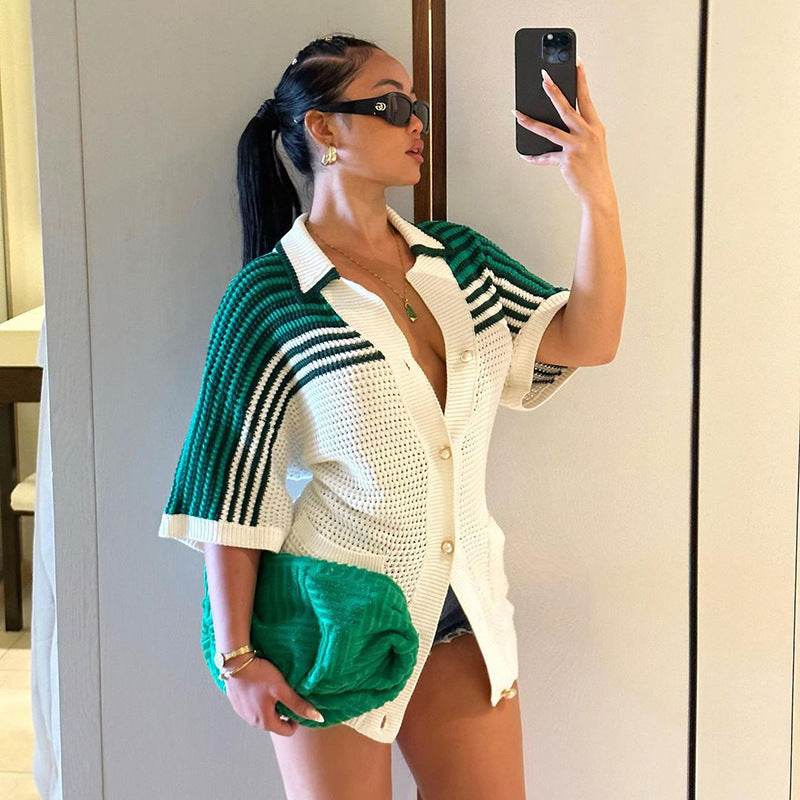 Buycenter Women's Striped Wool Top - Loose Fit Lapel Cardigan Blazer - Buy Center