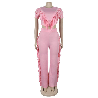 Buycenter Casual Tassel Top Wide Leg Pants Suit - Solid Color Set - Buy Center