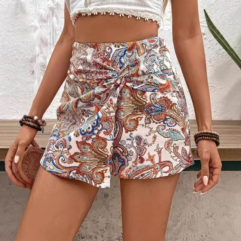 Buycenter Bohemian High Waist Front Knot Shorts - Flower Print Skirt Style - Buy Center