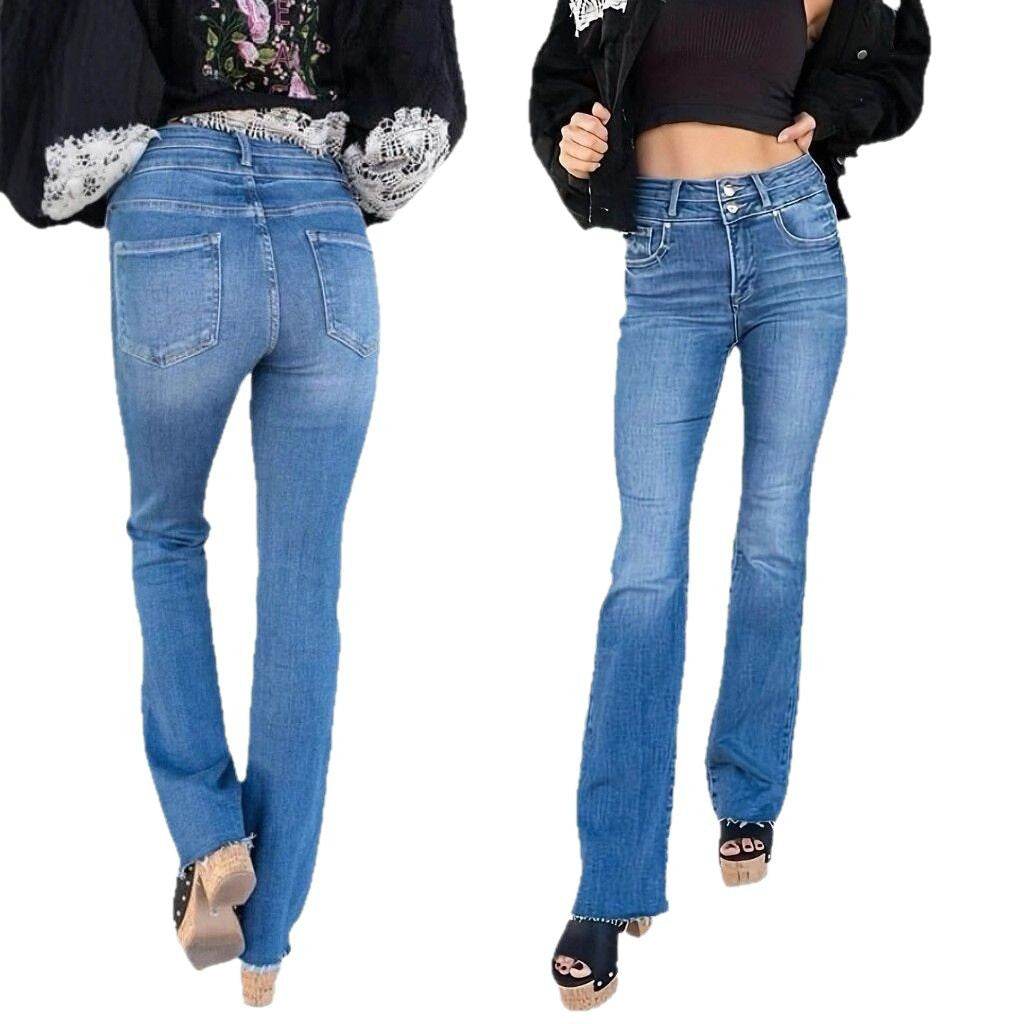 Buycenter Women's High Waist Jeans - Straight Leg, Double Button Design - Buy Center