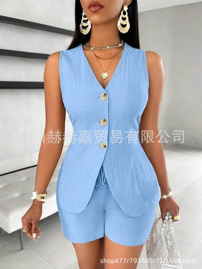 Stylish Women's V-neck Shorts Set - Solid Color, Sleeveless Design - Buy Center