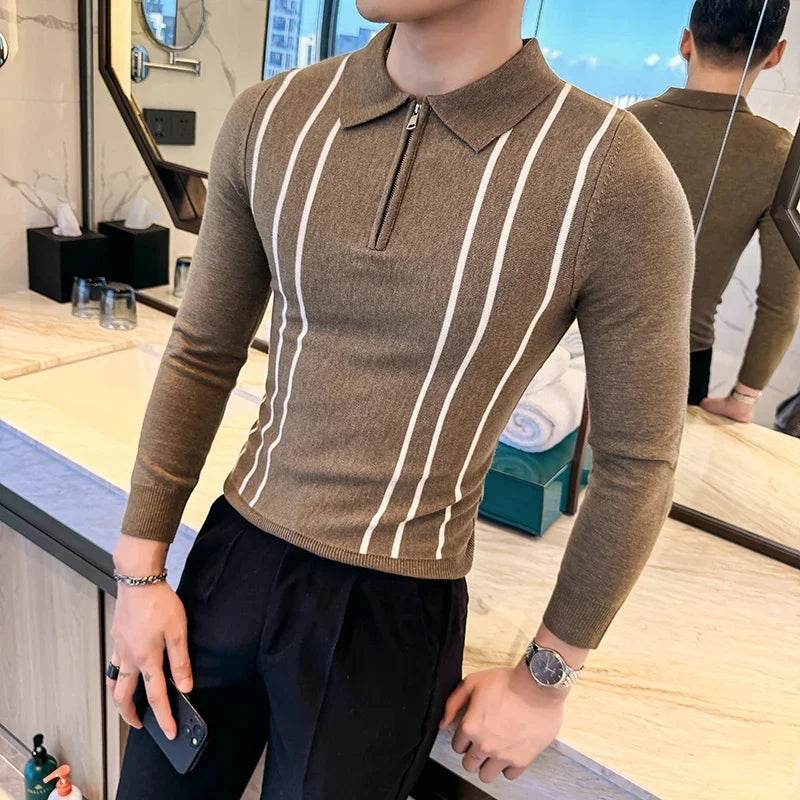 2024 Autumn Winter New Striped Sweater For Men Fashion Zipper Flip Collar Knitted Polo Shirt Men's Long Sleeve Slim Casual Pull - Buy Center