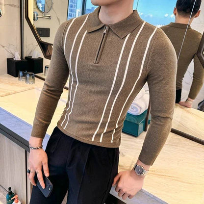 2024 Autumn Winter New Striped Sweater For Men Fashion Zipper Flip Collar Knitted Polo Shirt Men's Long Sleeve Slim Casual Pull - Buy Center