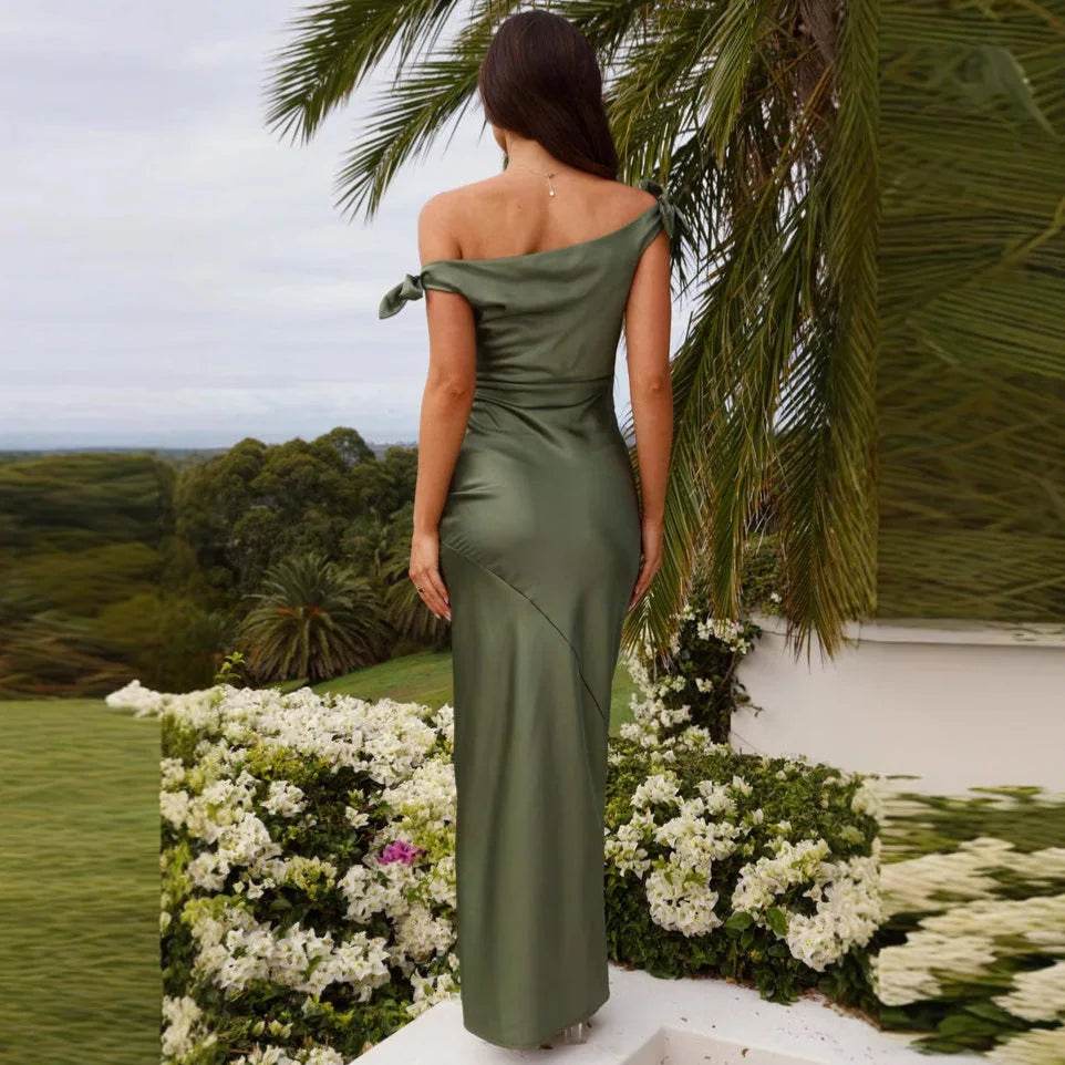 Elegant Off-Shoulder Bow Satin Maxi Dress - Ankle-Length for Women - Buy Center