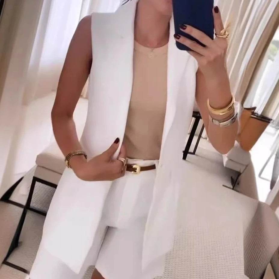 Women’s Elegant Two Piece Short Sets - Sleeveless Blazer & Shorts - Buy Center