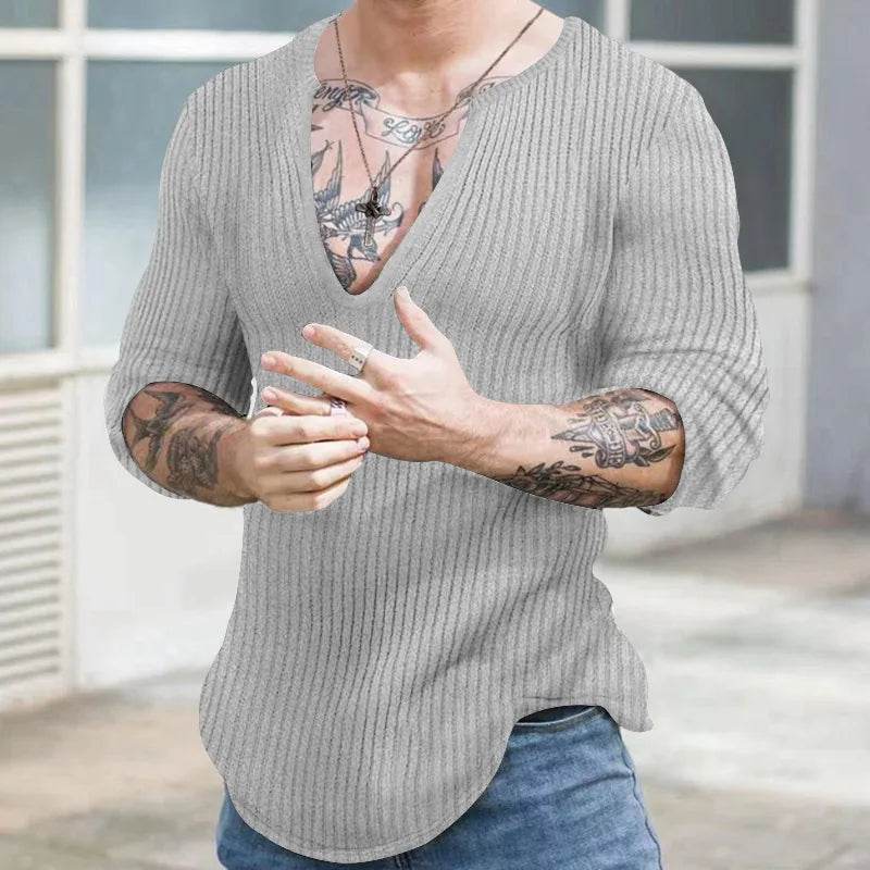 Men's V-Neck Casual Sweater - Autumn Winter Solid Color Knitted Pullover - Buy Center
