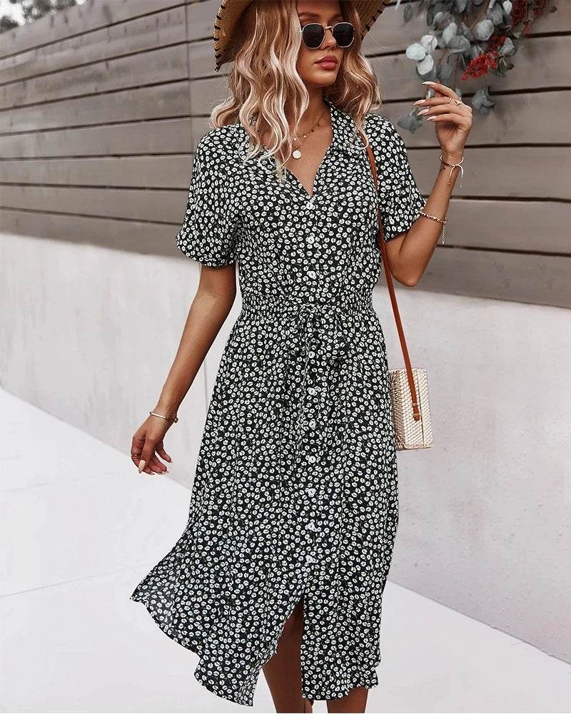 Bohemian Floral Print Midi Dress - Short Sleeve V-Neck Women's Wear - Buy Center