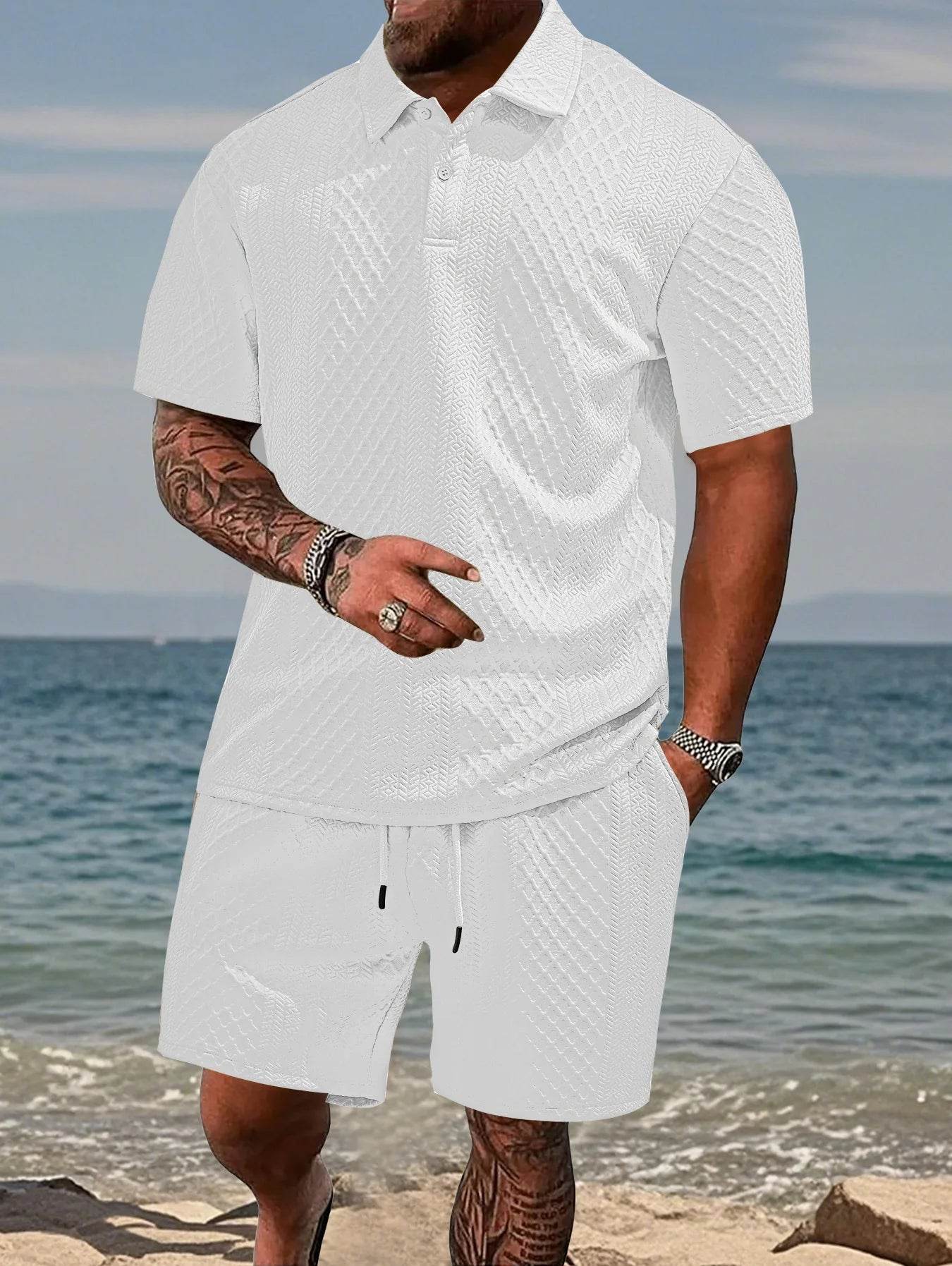Men's Casual Summer Polo Shirt Set - Short Sleeve Jacquard Texture - Buy Center
