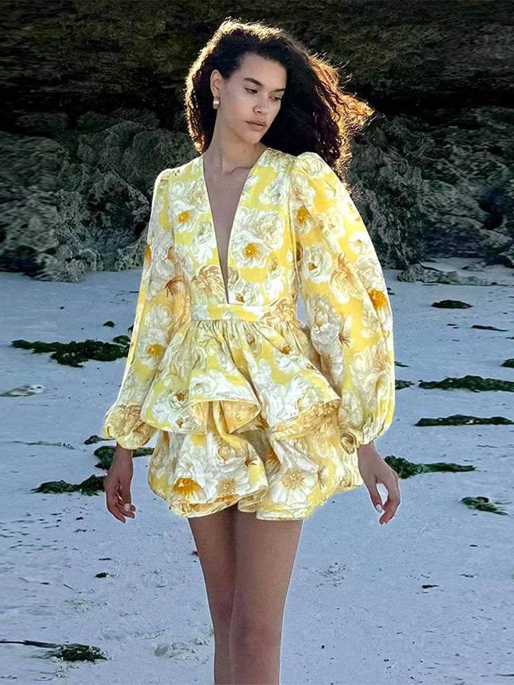 Elegant Ruffles Mini Dress for Women - Deep V Neck, Spring Fashion - Buy Center