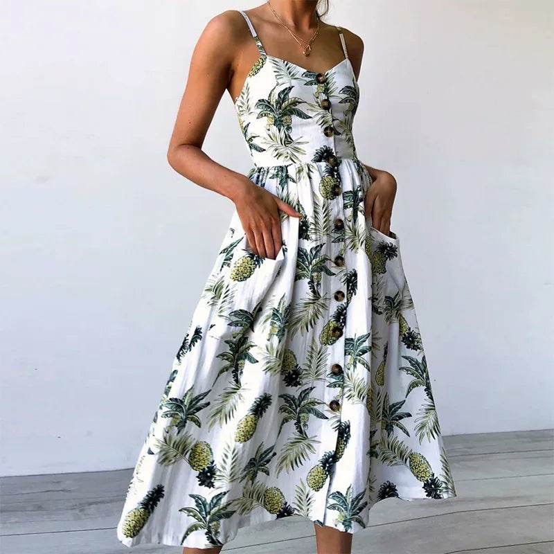 Women's Beach Print Midi Dress - Spaghetti Strap V-Neck Style - Buy Center