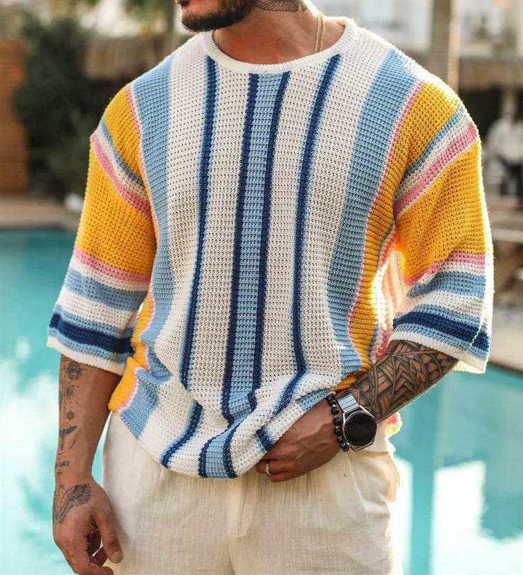 2024 Spring/summer Men Crewneck Fashion Hollowed-out Mid-sleeve Sweater Sweater Europe and America Men's Striped Sweater Summer - Buy Center