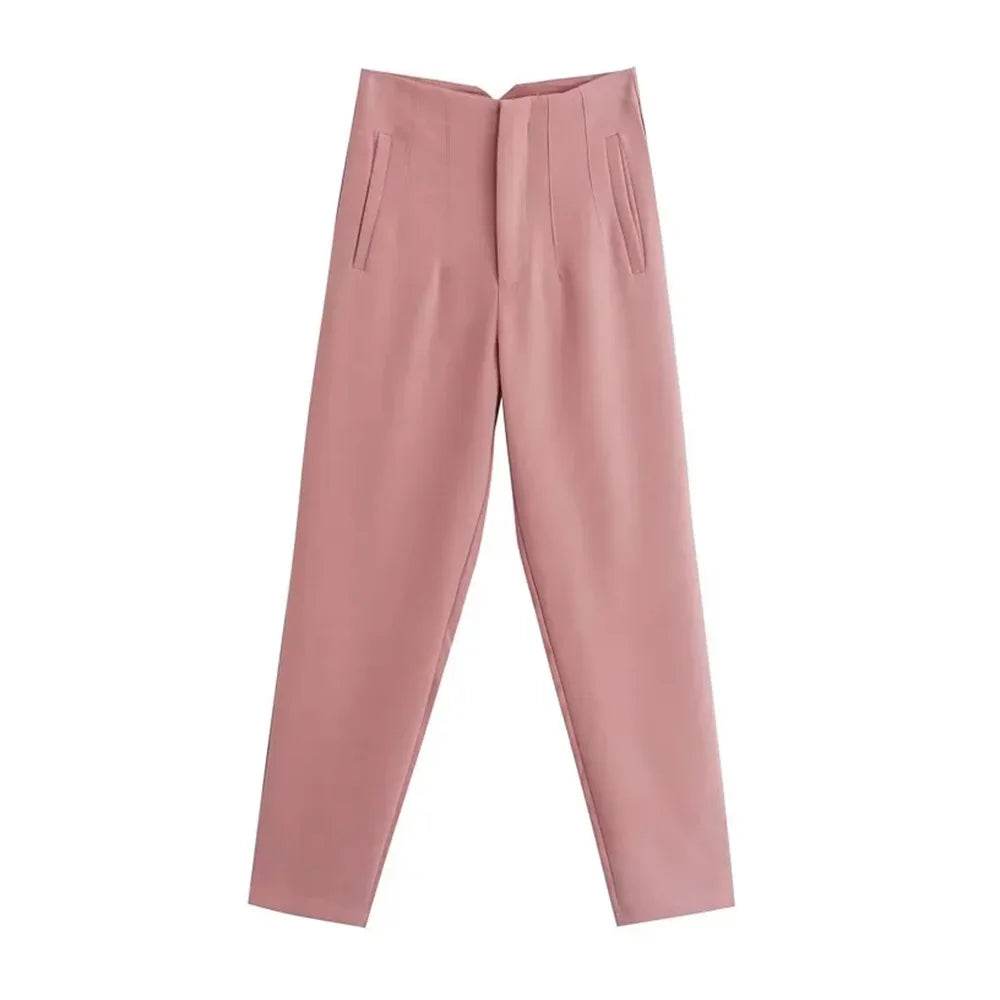 TRZA High Waist Solid Pants - Casual Ankle Trousers with Pockets - Buy Center
