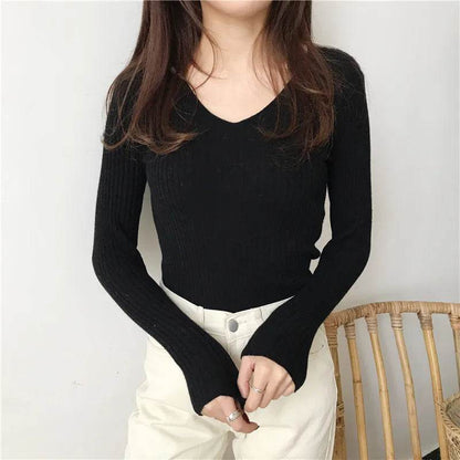 Korean Autumn V Neck Sweater - Slim Fit Knitted Pullover for Women - Buy Center