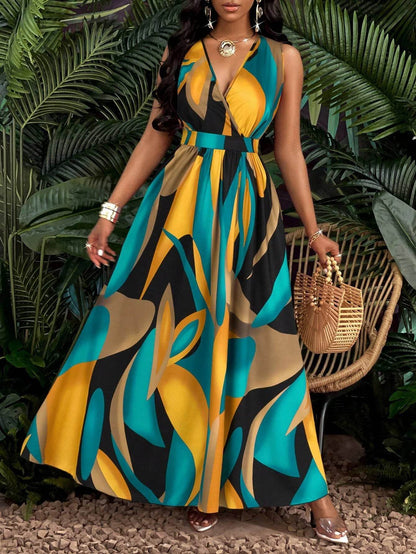Tropical Print V-Neck Maxi Dress - Women's Fit and Flare Spring Style - Buy Center