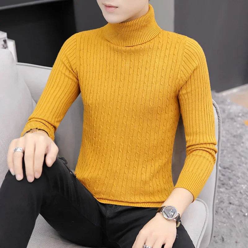 2025 Korean Slim Solid Color Turtleneck Sweater Mens Winter Long Sleeve Warm Knit Sweater Classic Solid Casual Bottoming Shirt - Buy Center