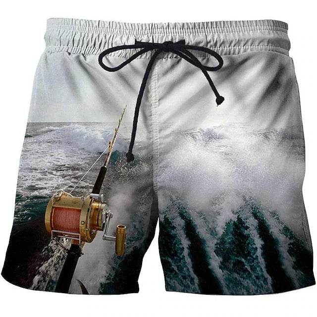 Men's Vintage 3D Fishing Print Swim Trunks - Quick Dry Beach Shorts - Buy Center