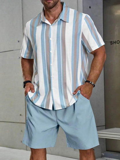 Men's Summer Stripe 3D Print Shirt & Drawstring Shorts Set - Buy Center