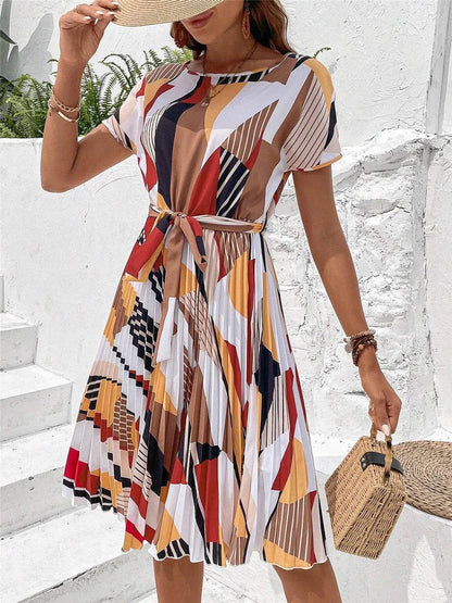 Elegant Print Lace-up Dress for Women - Summer Casual A-Line Style - Buy Center