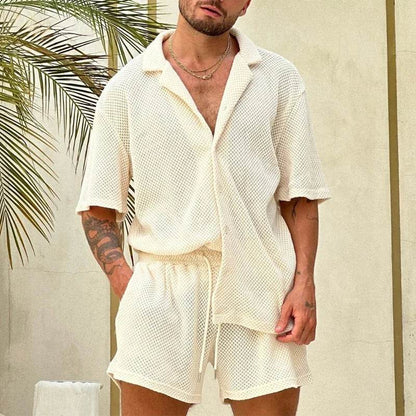 Men's Casual Summer Set - Breathable Knitted Short Sleeve Shirt & Shorts - Buy Center