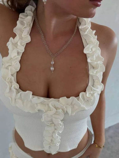 Nibber Women's Ruffled Two-Piece Set - Square Collar & Backless Style - Buy Center