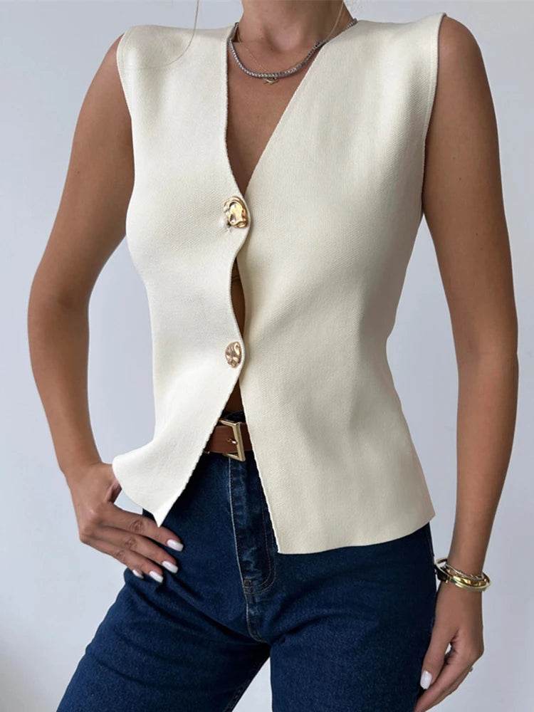 Trendix V Neck Button Knit Vest for Women - Casual Sleeveless Cardigan - Buy Center