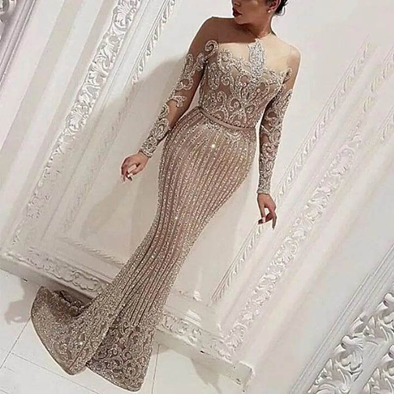 Avalokite Shiny Sequin Long Sleeve Golden Maxi Dress for Weddings - Buy Center