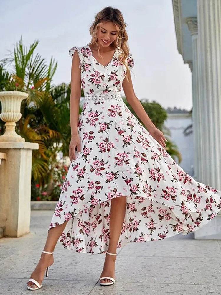 Floral Print Women’s Dress - Lace Collar, Irregular Waist Style - Buy Center