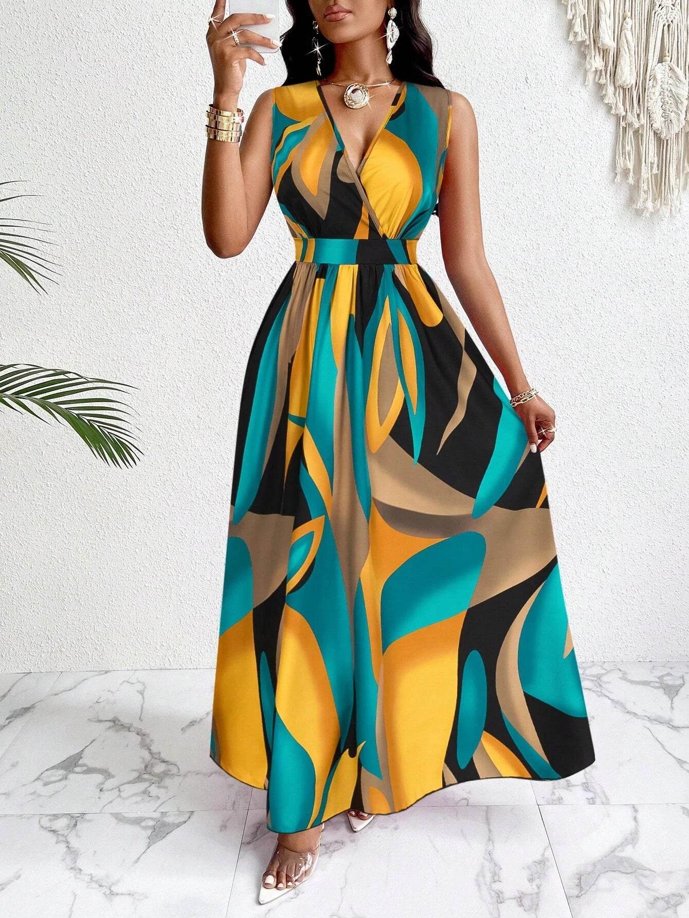 Tropical Print V-Neck Maxi Dress - Women's Fit and Flare Spring Style - Buy Center