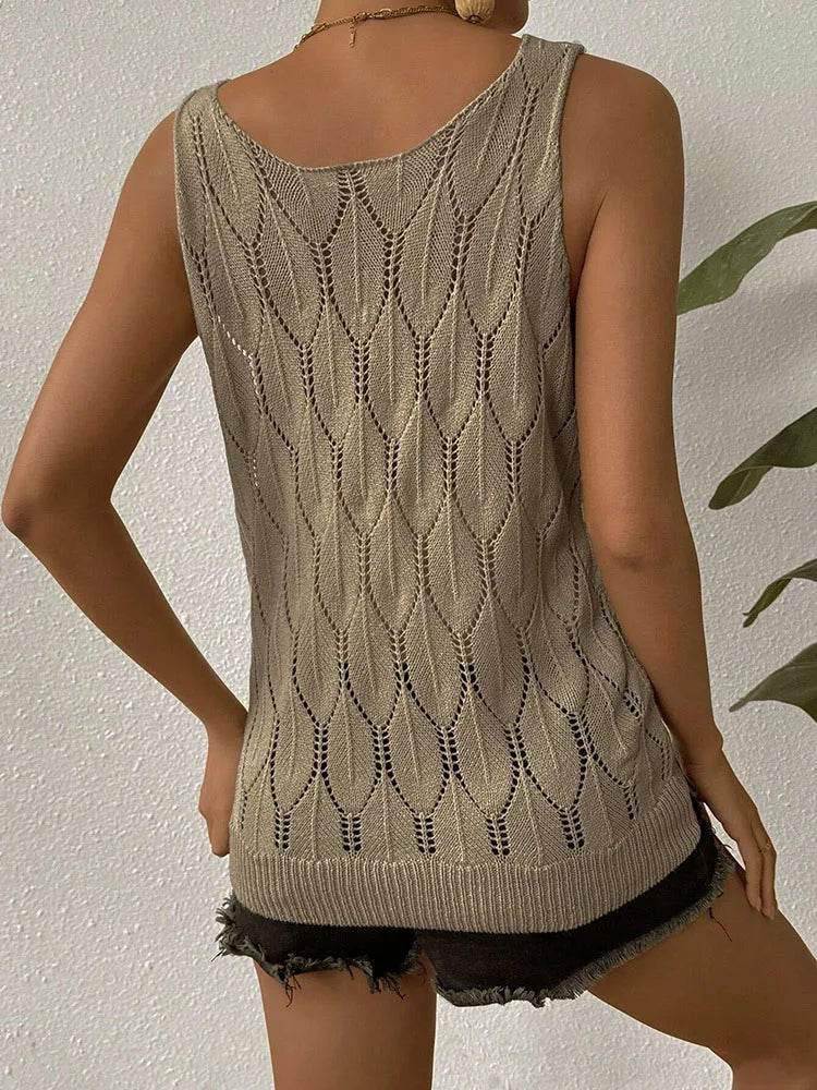 Elegant Women's Hollowed Out Knit Sweater - V-Neck Office Style - Buy Center