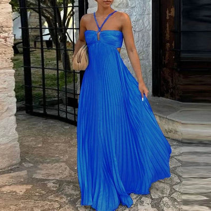 ELSVIOSE Blue High Waist Pleats Dress - Sexy Halter Summer Style - Buy Center