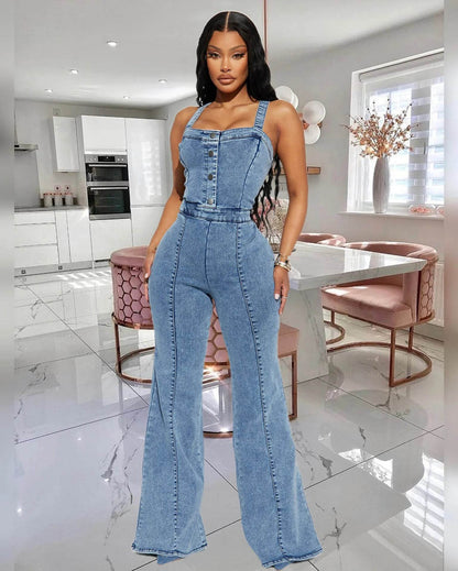 Women’s Sexy Flare Jeans Rompers - Square Collar Ankle-Length Overalls - Buy Center