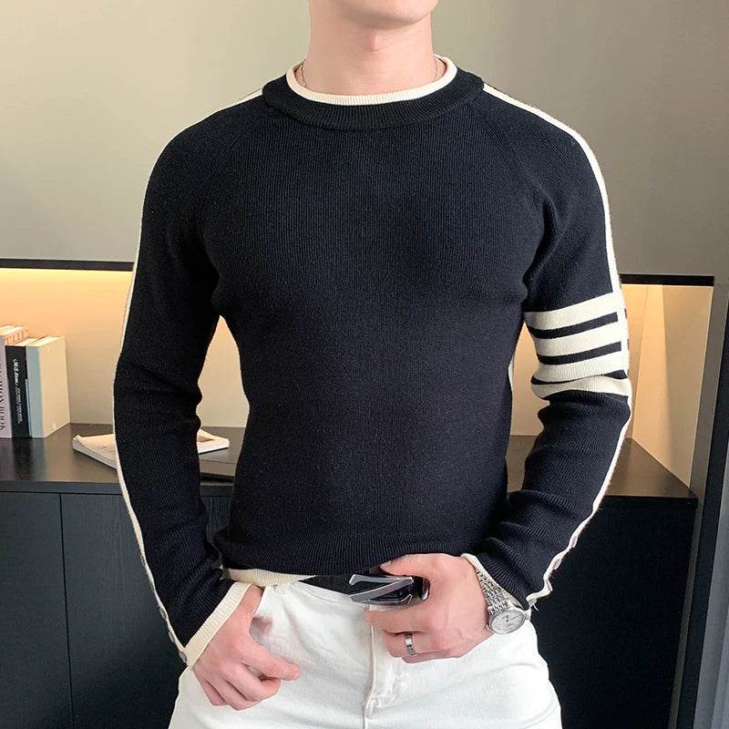 Brand Striped Knitted Sweaters Men Long Sleeve Slim Casual Business Knittwear Pullovers Versatile Social Streetwear Base Shirt - Buy Center
