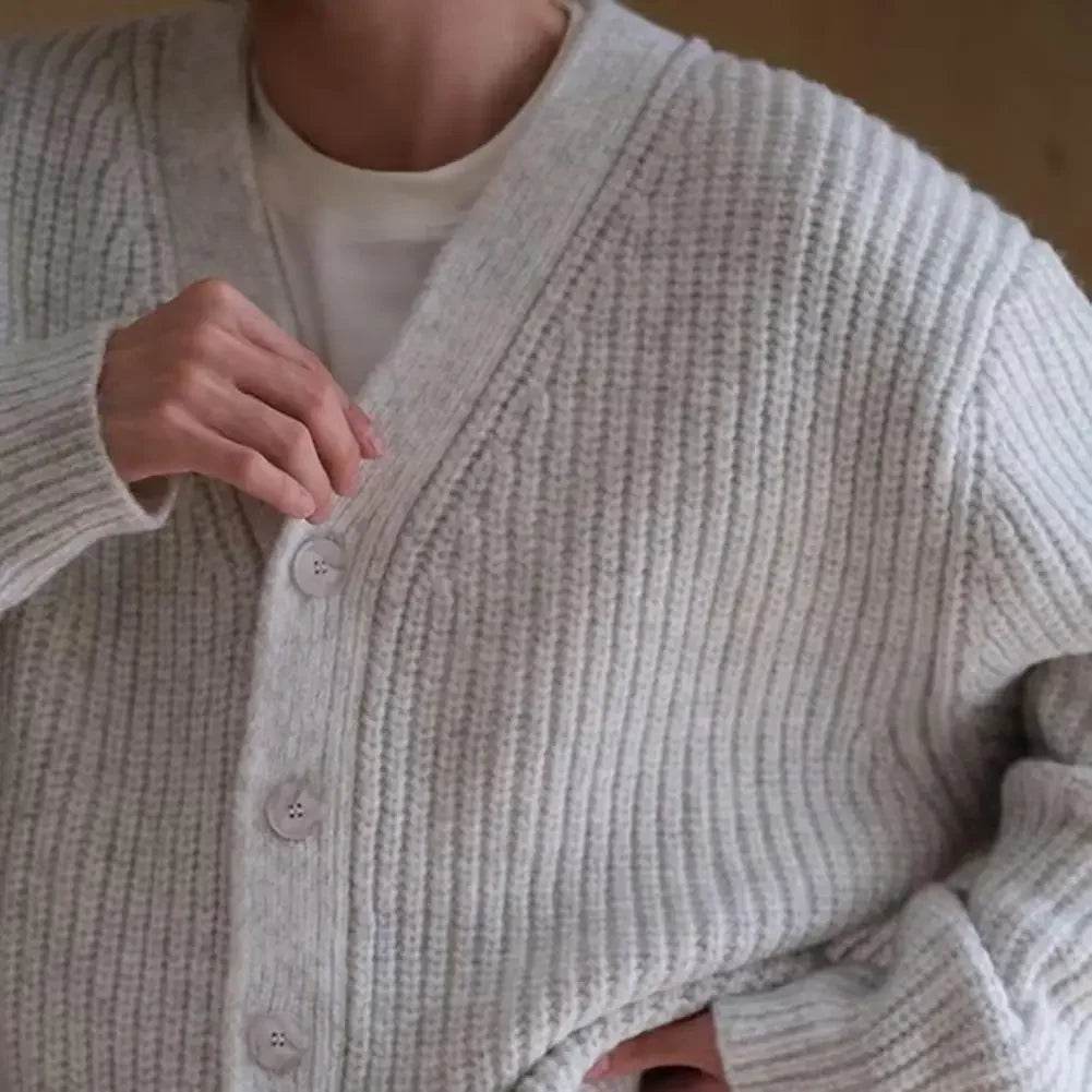 Men's Thick V-Neck Cardigan Sweater - Single Breasted Casual Knit Coat - Buy Center