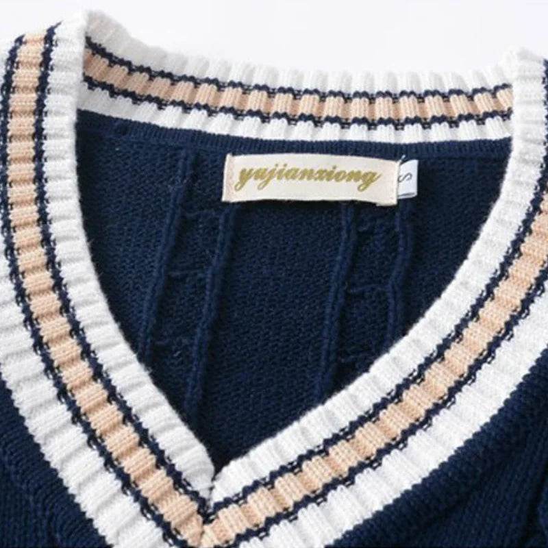 Sweater Vest Men Thicken V-neck Sleeveless Knitted Sweaters Vests Striped Retro Preppy-style Simple Chic Loose Casual All-match - Buy Center