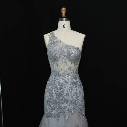 Sharon Said Sequin Evening Gown - One-Shoulder High Side Slit Dress - Buy Center