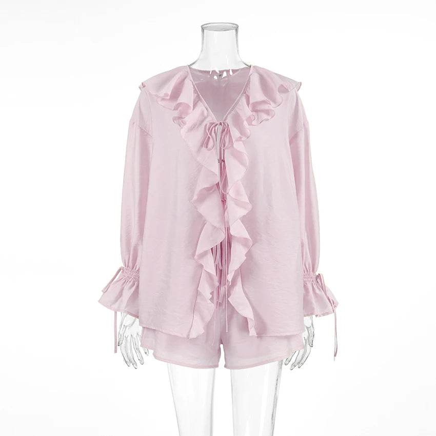 Tuularose Women's Ruffled Tie Top & Shorts Set - Casual Office Style - Buy Center